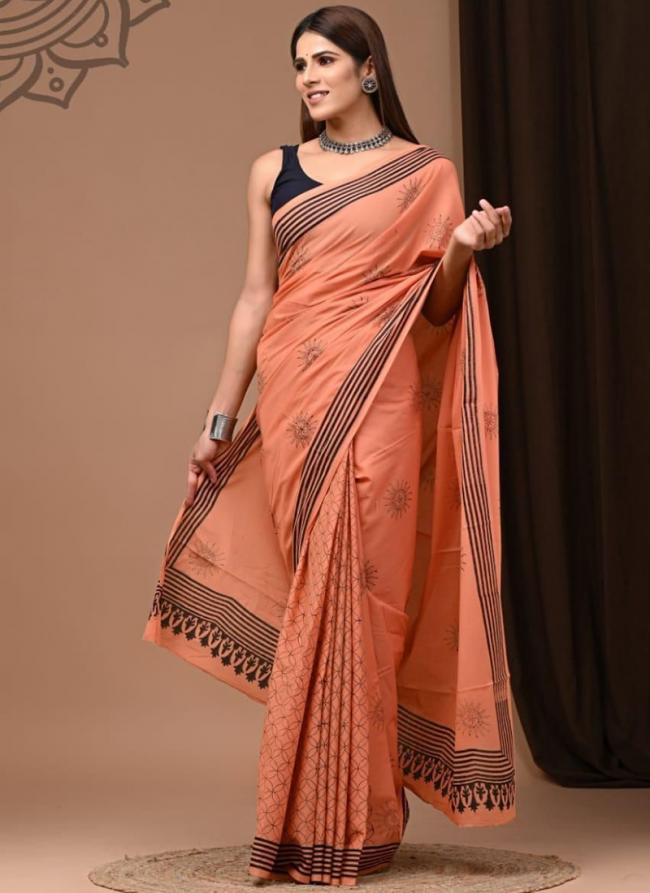 Cotton Mul Mul Peach Pink Casual Wear Printed Saree